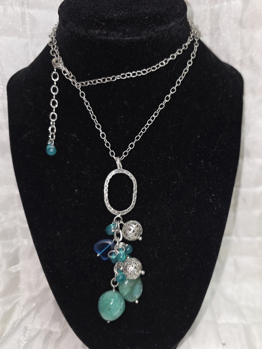 Silver Necklace with Teal and Blue Gemstone Charms